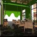 Modern Café Interior With Green Ceiling Large Windows Wooden Furniture And Marble Floor