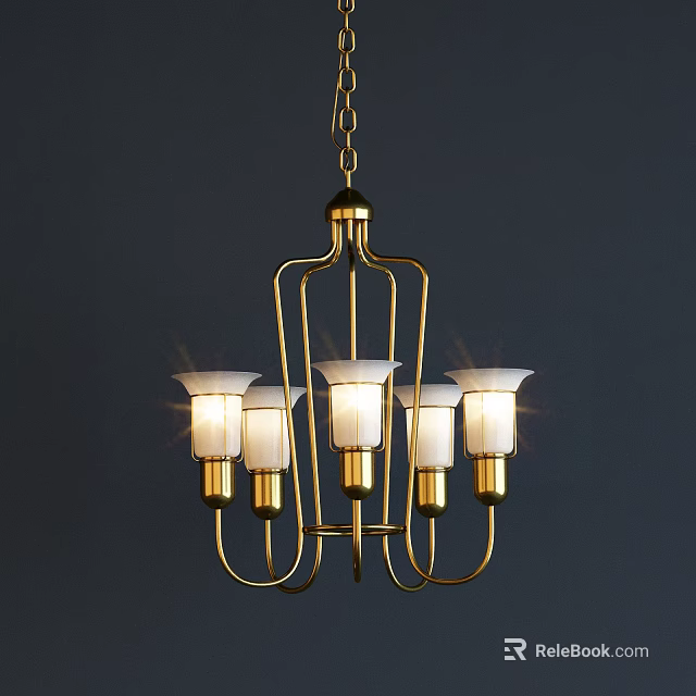 Modern Golden Metal Chandelier With Five White Lampshades And Glowing Lights 3d model 
