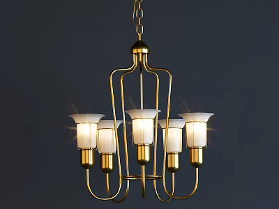 Modern Golden Metal Chandelier With Five White Lampshades And Glowing Lights 3d model