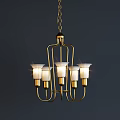 Modern Golden Metal Chandelier With Five White Lampshades And Glowing Lights