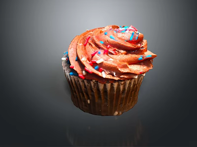 Delicious Cupcake With Brown Frosting And Colorful Sprinkles On Paper Cup 3d model