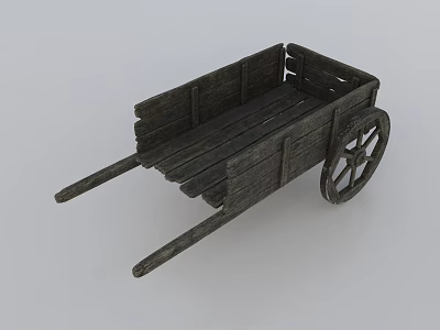 Rustic Wooden Cart With Spoked Wheels And Long Handles Design 3d model