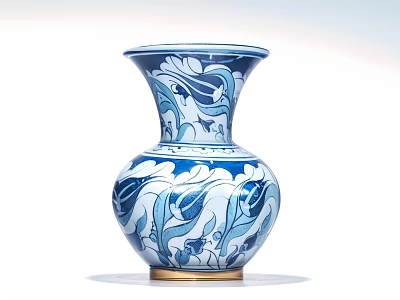 Ornate Ceramic Vase With Blue And White Floral Patterns And Gold Base 3d model