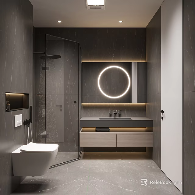 Modern Bathroom Interior With Round Mirror Glass Shower Gray Tiles Vanity And Ambient Lighting 3d model 