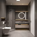 Modern Bathroom Interior With Round Mirror Glass Shower Gray Tiles Vanity And Ambient Lighting
