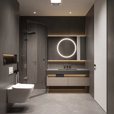 Modern Bathroom Interior With Round Mirror Glass Shower Gray Tiles Vanity And Ambient Lighting 3d model