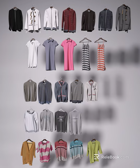 Collection of Various Clothes in Different Styles and Colors Hanging on Hangers 3d model 