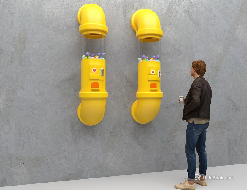 Two Yellow Pipe Shaped Installations On Wall With Colorful Balls And Person Holding Cup 3d model 