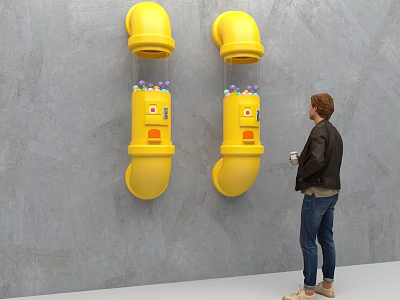 Two Yellow Pipe Shaped Installations On Wall With Colorful Balls And Person Holding Cup 3d model