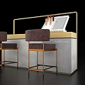Modern Showcase Shelf With Golden Frame Gray Countertop Two Brown Bar Stools And Wine Bottles