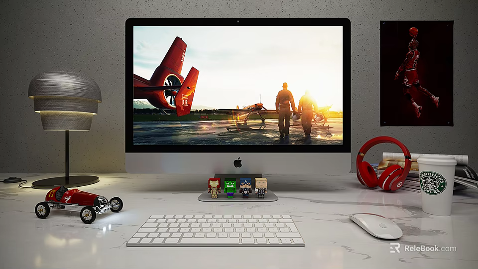 Apple iMac Desktop Setup With Gaming Screen Keyboard Mouse And Red Headphones 3d model 