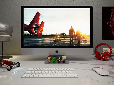 Apple iMac Desktop Setup With Gaming Screen Keyboard Mouse And Red Headphones 3d model