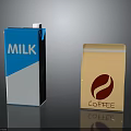 Daily Living Items Blue White Milk Carton And Brown Coffee Packet