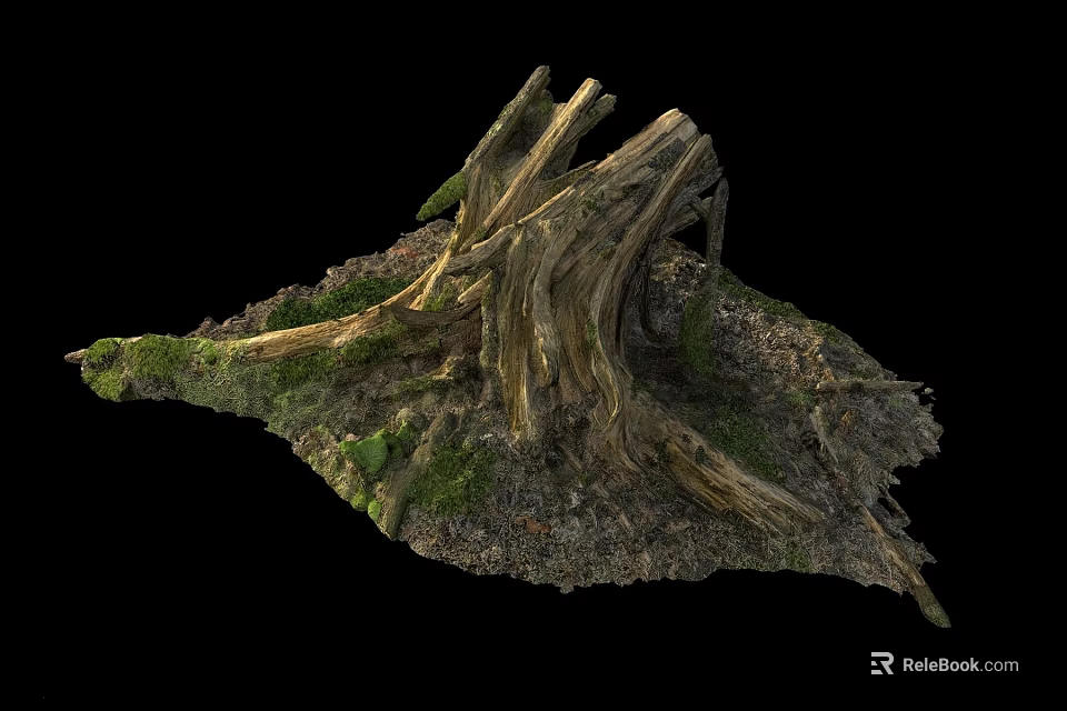Rustic Outdoor Wooden Stump With Dead Wood Moss Stones And Soil 3d model 