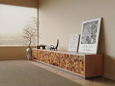 Wooden TV Stand with Geometric Mosaic Design Vase Branches Paintings Beige Wall and Window Blinds 3d model