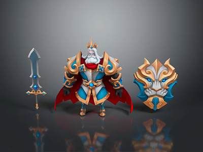 King Warrior In Royal Armor With Crown White Beard Sword And Lion Shield 3d model