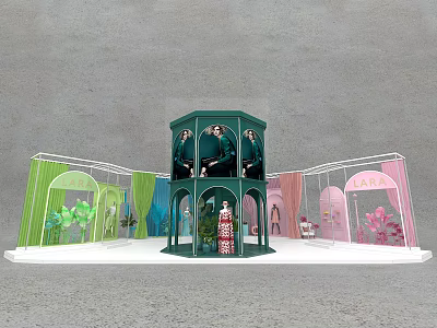 Colorful Exhibition Pavilions With Green Blue Pink Sections Central Structure Clothing Mannequins And Plant Decorations 3d model