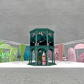 Colorful Exhibition Pavilions With Green Blue Pink Sections Central Structure Clothing Mannequins And Plant Decorations
