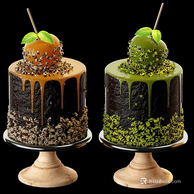 Delicious Layer Cakes with Caramel Drizzle Pistachio Crumbles and Fresh Fruit Topping on Wooden Stands 3d model 