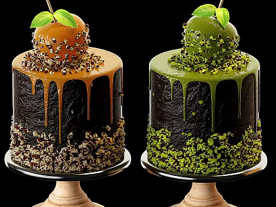 Delicious Layer Cakes with Caramel Drizzle Pistachio Crumbles and Fresh Fruit Topping on Wooden Stands 3d model