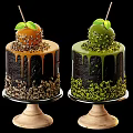 Delicious Layer Cakes with Caramel Drizzle Pistachio Crumbles and Fresh Fruit Topping on Wooden Stands