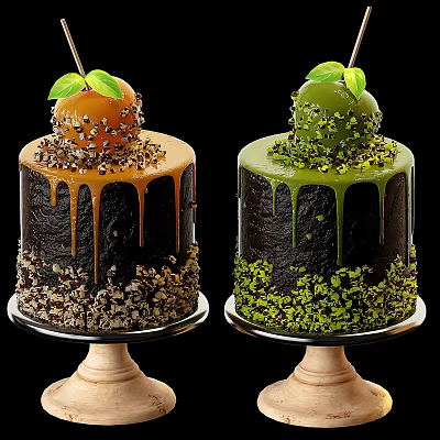 Delicious Layer Cakes with Caramel Drizzle Pistachio Crumbles and Fresh Fruit Topping on Wooden Stands 3d model