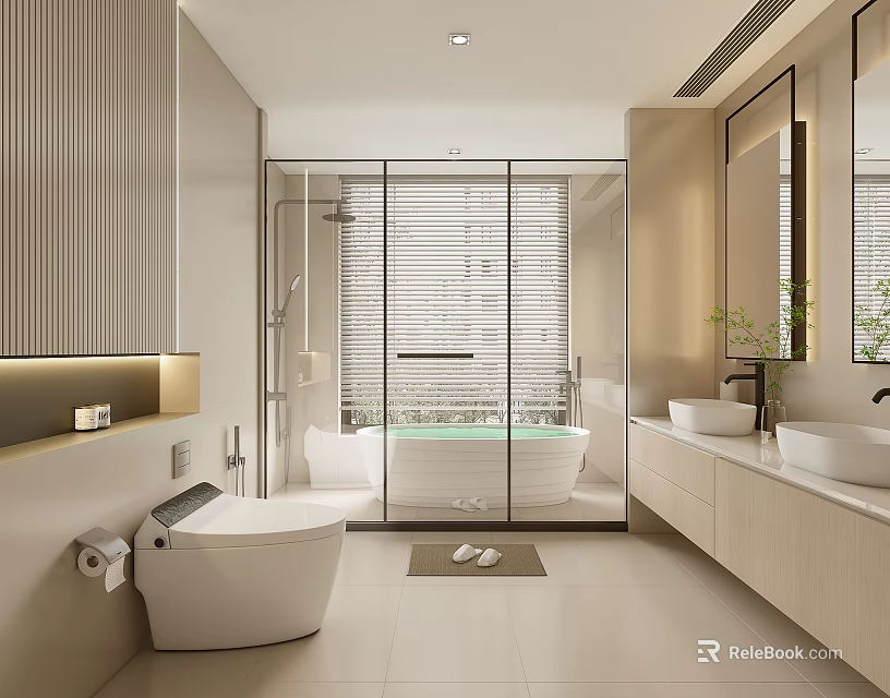 Modern Bathroom Interior Design With Glass Shower Freestanding Bathtub Double Vanity And Light Wood Cabinets 3d model 