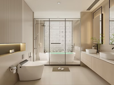Modern Bathroom Interior Design With Glass Shower Freestanding Bathtub Double Vanity And Light Wood Cabinets 3d model