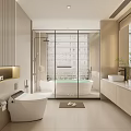 Modern Bathroom Interior Design With Glass Shower Freestanding Bathtub Double Vanity And Light Wood Cabinets