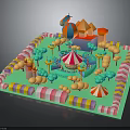 Modern Amusement Park Scene With Carousel Colorful Buildings Balloons And Umbrella Decorations