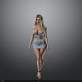 Blonde woman in light blue strapless top short skirt black high heels on gray background