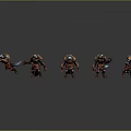 Armored Fantasy Characters And Creatures With Red Blue Armor In Different Poses On Grey Background