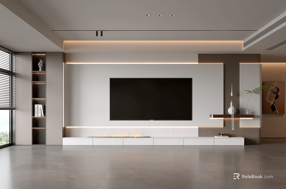 Modern Living Room Interior With TV Wall Stand Shelves And Plant 3d model 