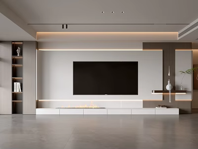 Modern Living Room Interior With TV Wall Stand Shelves And Plant 3d model