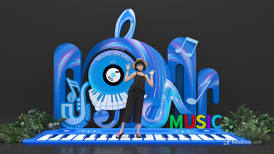 Interactive Music Zone With Sound Record Piano Keys And Music Notes Elements 3d model 