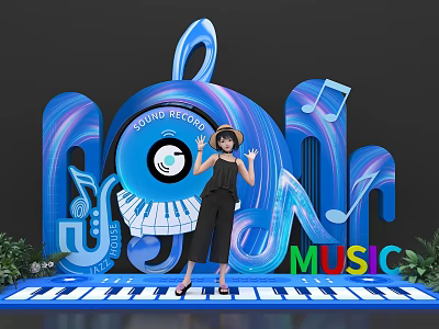 Interactive Music Zone With Sound Record Piano Keys And Music Notes Elements 3d model