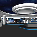 Futuristic Exhibition Hall Featuring Starry Ceiling Circular Light White Pillars Vehicle Models And Blue Lighting