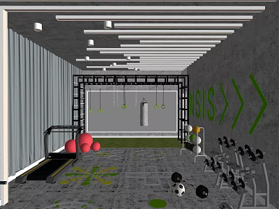 Modern Fitness Gym Interior With Treadmill Red Exercise Balls Punching Bag Dumbbells And Green Arrows 3d model