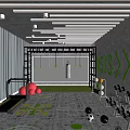 Modern Fitness Gym Interior With Treadmill Red Exercise Balls Punching Bag Dumbbells And Green Arrows
