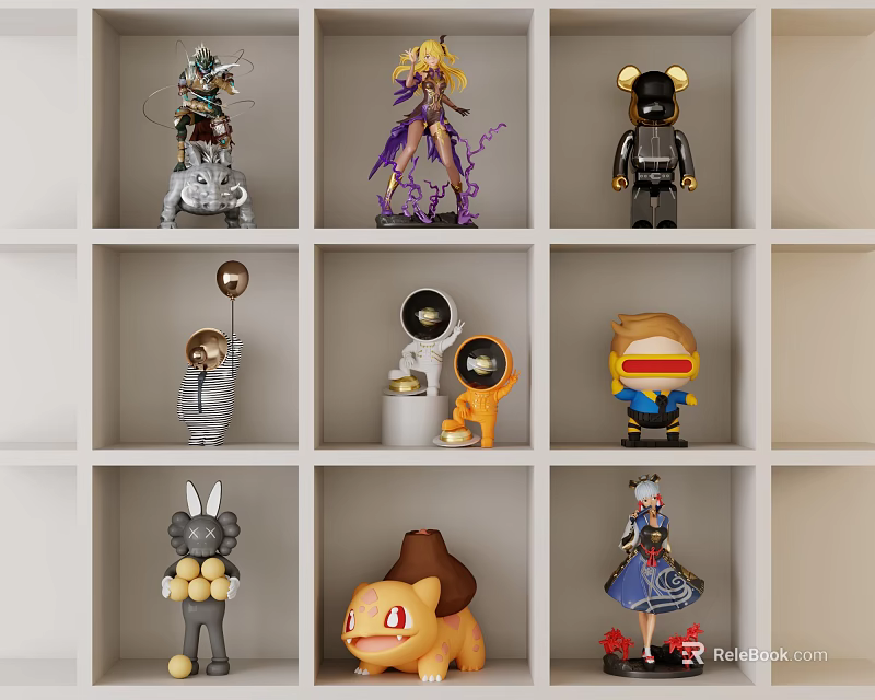 Collectible Dolls Display on White Shelf with Various Character Designs Anime Robot and Animal Figures 3d model 