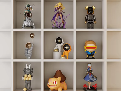 Collectible Dolls Display on White Shelf with Various Character Designs Anime Robot and Animal Figures 3d model