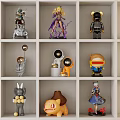 Collectible Dolls Display on White Shelf with Various Character Designs Anime Robot and Animal Figures