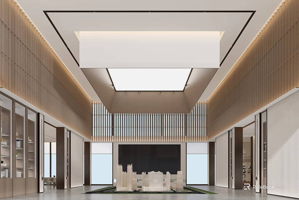 Modern Sales Office Interior With Skylight Wooden Walls And City Model 3d model 