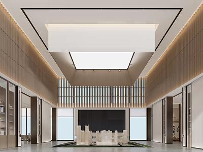 Modern Sales Office Interior With Skylight Wooden Walls And City Model 3d model
