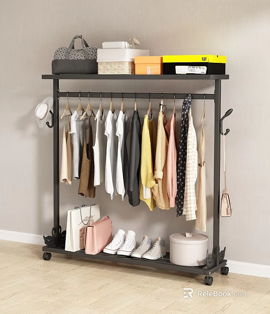 Freestanding Metal Clothes Rack with Hanging Colorful Garments Storage Boxes on Top and Shoes Below 3d model 
