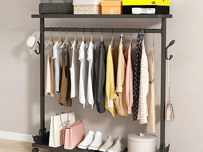 Freestanding Metal Clothes Rack with Hanging Colorful Garments Storage Boxes on Top and Shoes Below 3d model