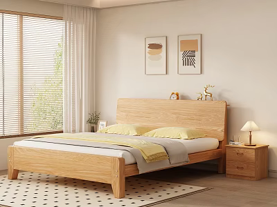 Modern Bedroom Interior With Wooden Frame Double Bed Yellow Pillows Nightstand And Table Lamp Curtains 3d model
