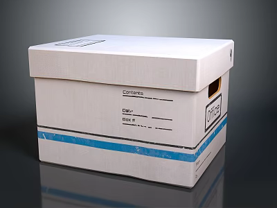White Cardboard Box With Contents Label Date Class Number Fields Fragile Sticker And Blue Stripe 3d model