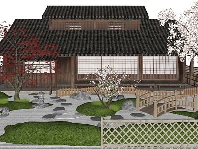 Japanese House Landscape Architecture Wooden House Gardening Small Landscape Tree model