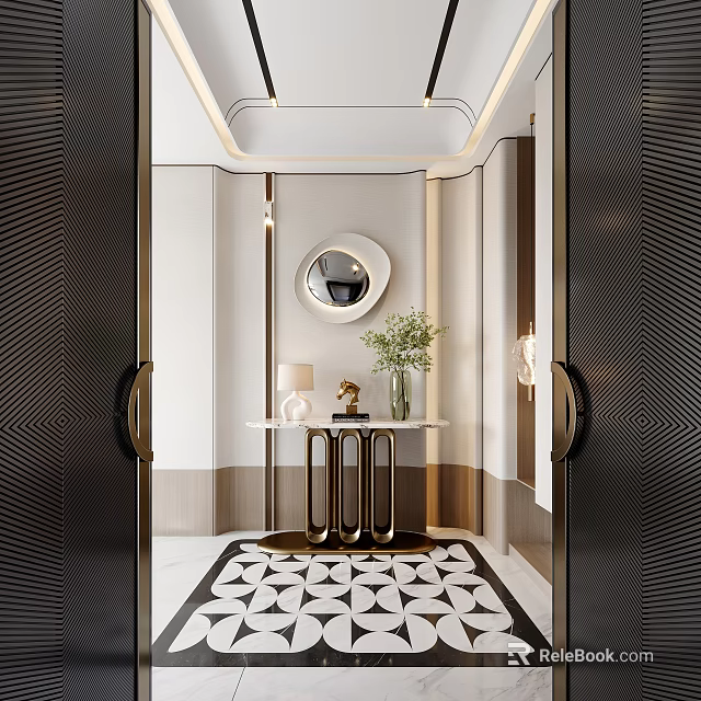 Modern Entryway Hallway Interior Design With Round Mirror Console Table And Geometric Floor 3d model 
